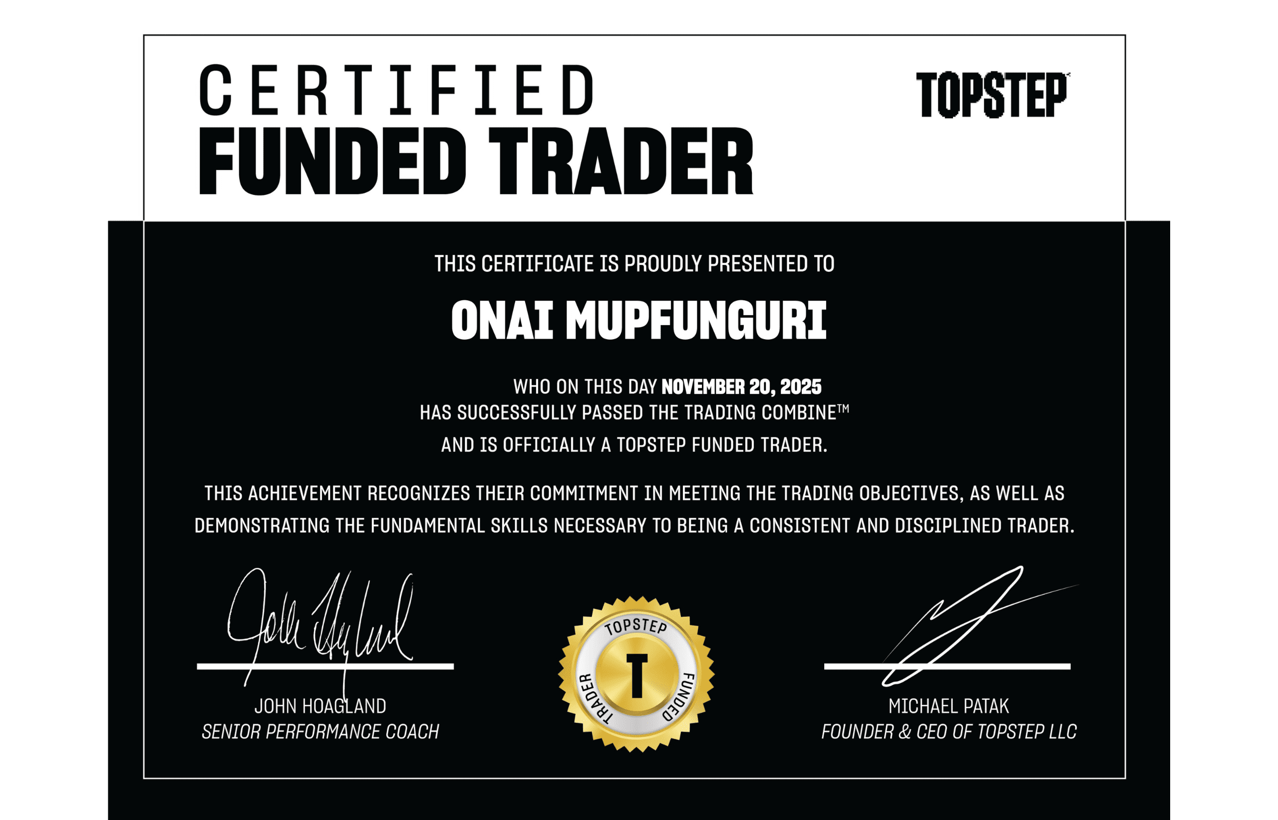 Bonang TopStep funded trader certificate