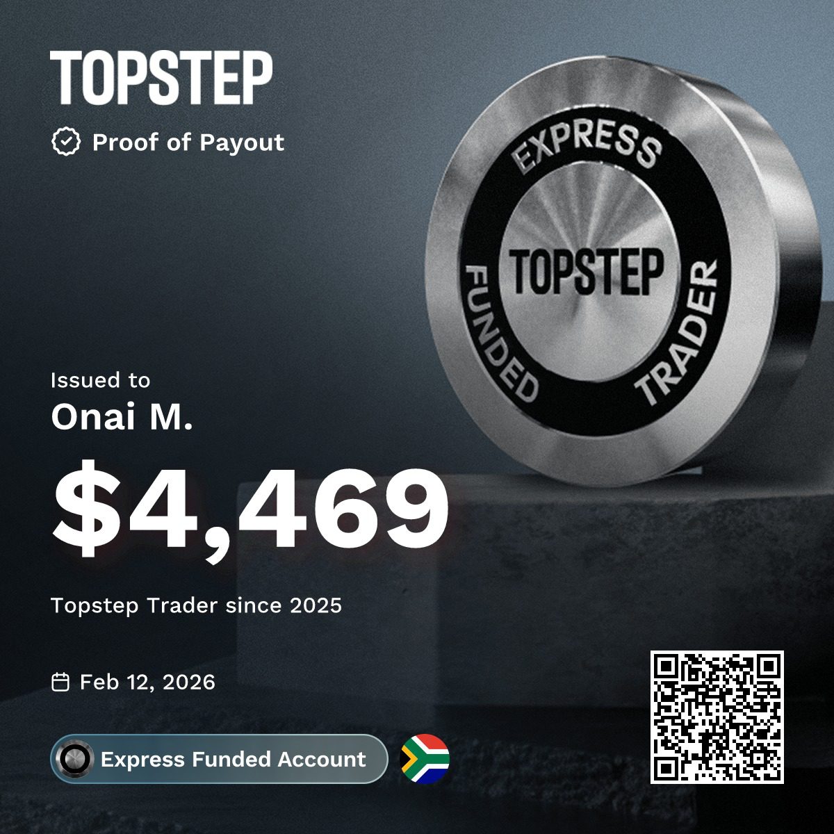 Bonang TopStep payout certificate