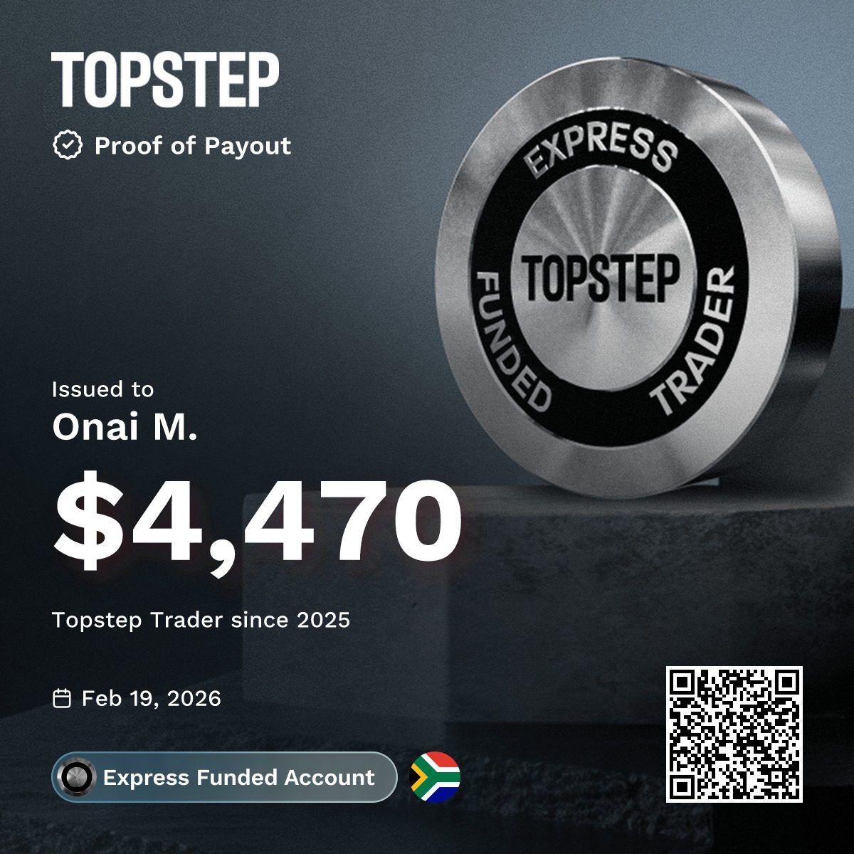Bonang TopStep payout certificate